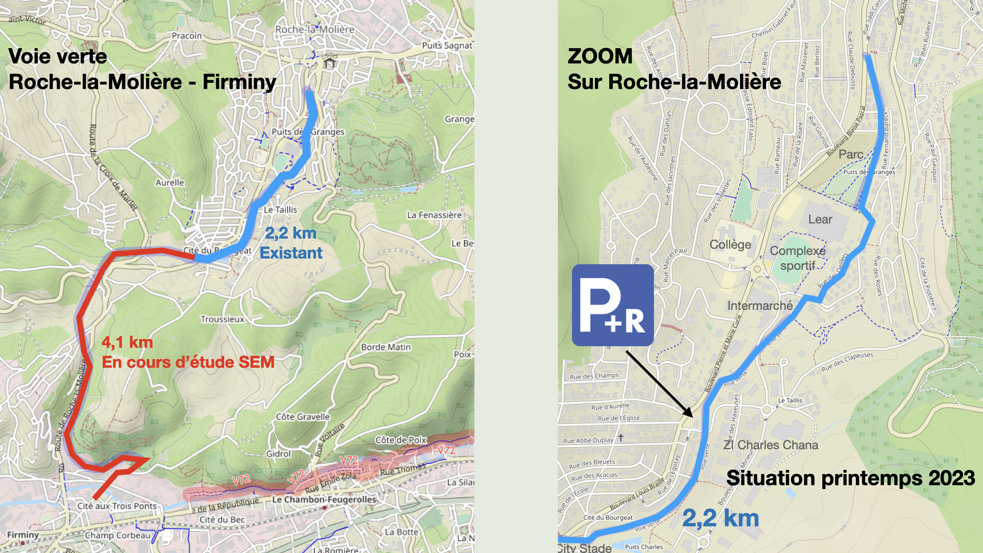 voie verte à roche la moliere axe couronne ouest du plan vélo metropolitain de saint-etienne metropole carte 2023 