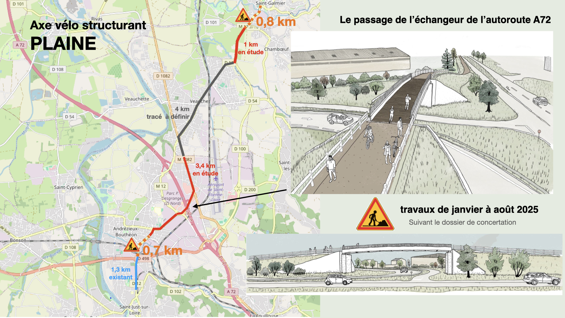 axe vélo plaine à plan vélo metropolitain de saint-etienne metropole Saint-Just-Saint-Rambert Andrezieux-Bouthèon Veauche Saint-Galmier