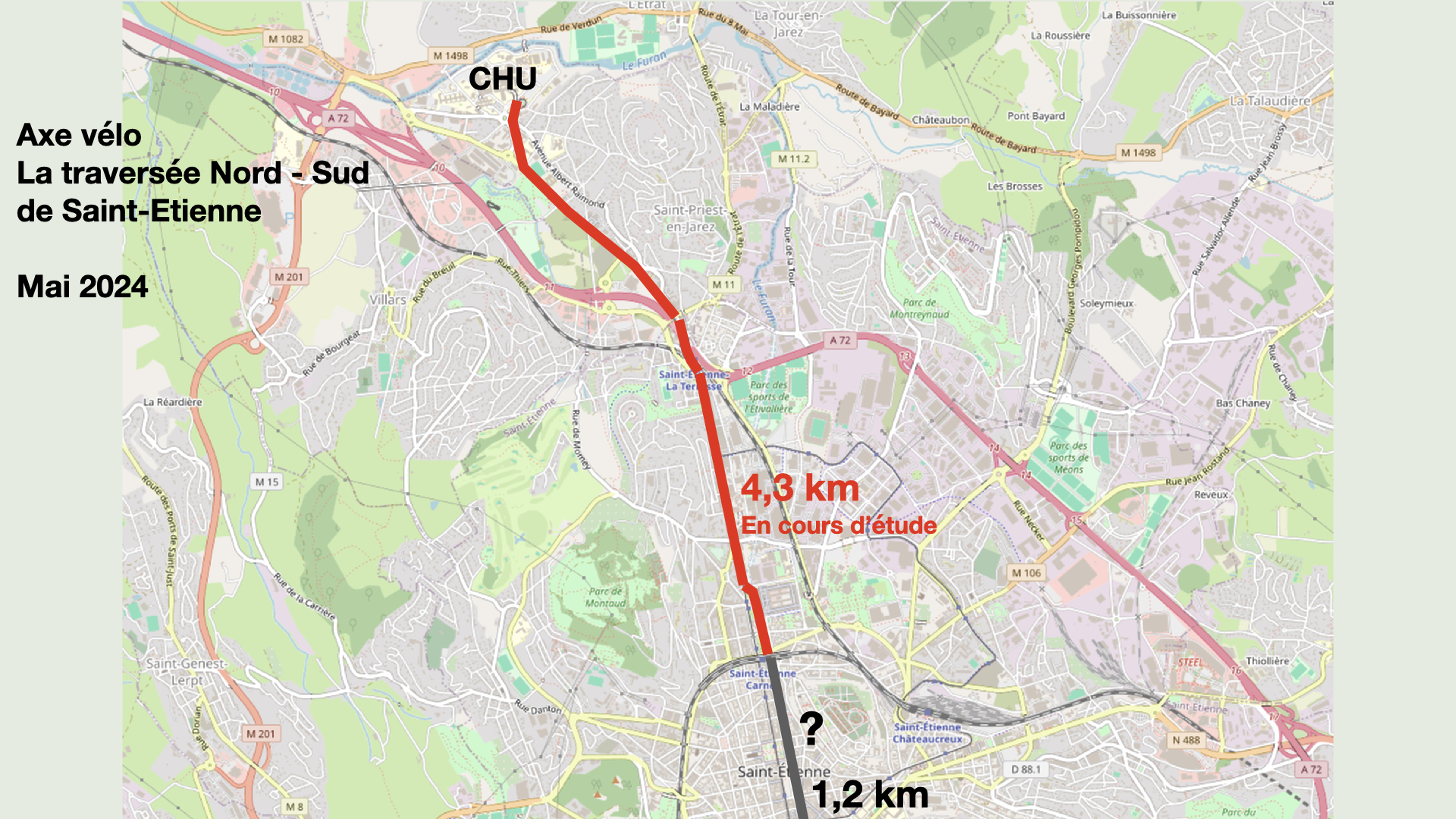 traversée nord sud vélo saint etienne piste cyclable principale de saint-etienne PARTIE Nord CHU Nord Rue Bergson cité du design