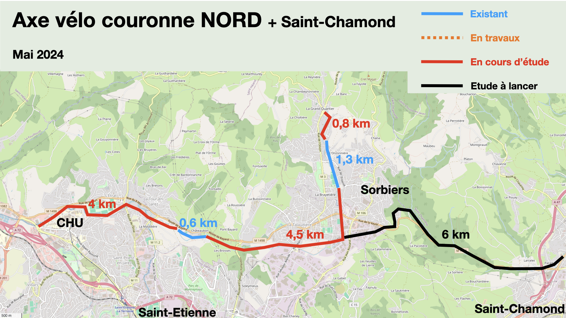 voie vert axe cyclable vélo CHU Nord couronne Nord l'etrat la tour en jarez talaudière sorbiers Saint-chamond Le grand contournement cyclable au Nord de Saint-Etienne 