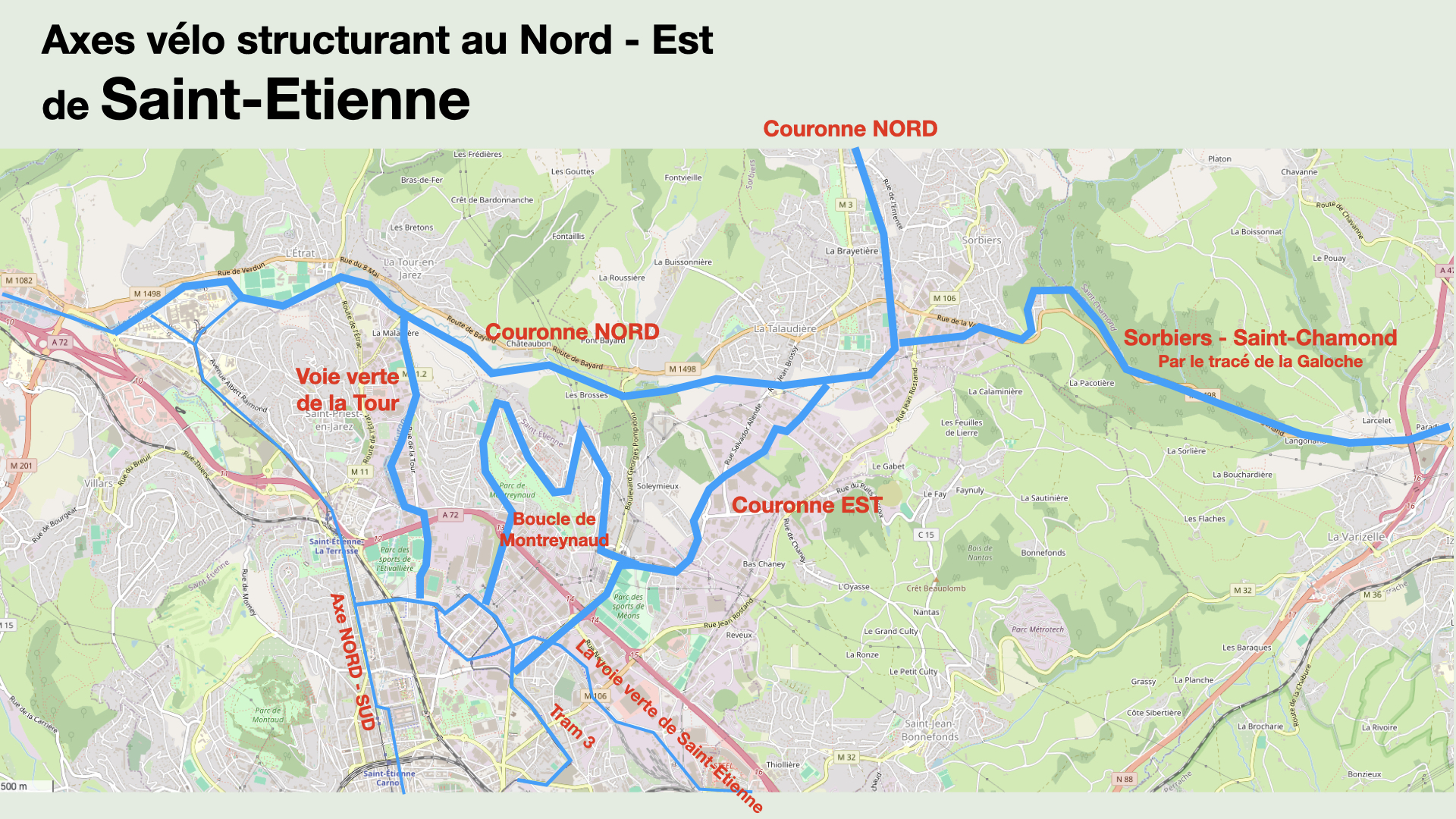 Nord est de saint etienne plan vélo voie verte Sorbier Saint-Chamond Talaudiere la tour en jarez Etrat Couronne Nord couronne Est CHU Nord axe cyclable voie verte 