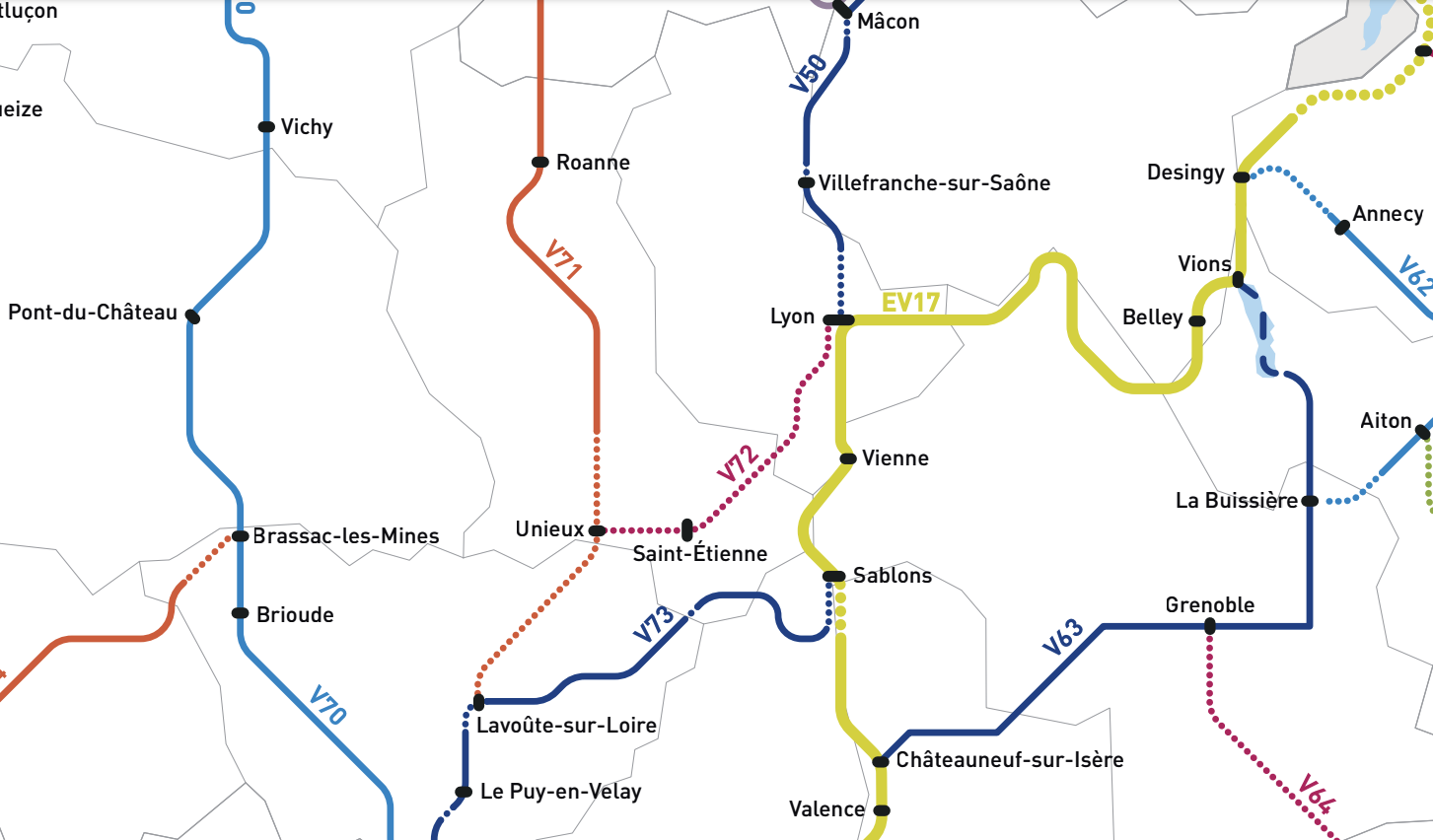 Schema voie verte véloroute france national zoom loire et région Auvergne Rhone alpes AURA 71 V72 V73