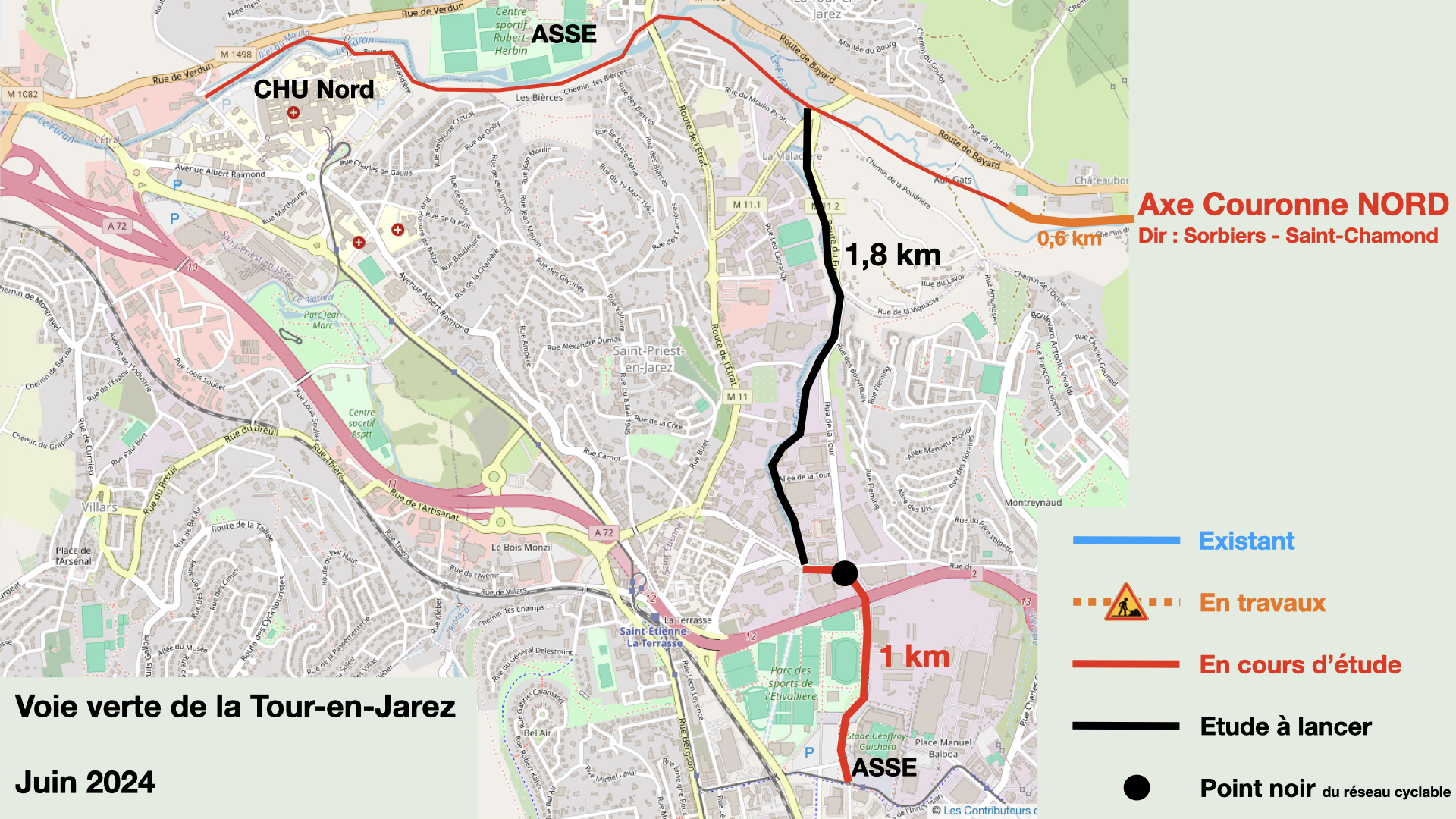 voie verte la tour en jarez l'etrat CHU Nord ASSE musée des verts boutique des verts stade entrainement ASSE stade goeffroy guichard voie verte du furan 